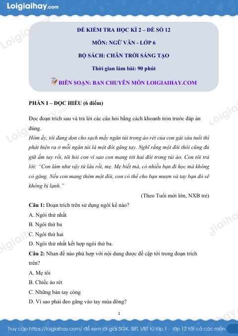 Đề thi học kì 2 Văn 6 Chân trời sáng tạo - Đề số 12